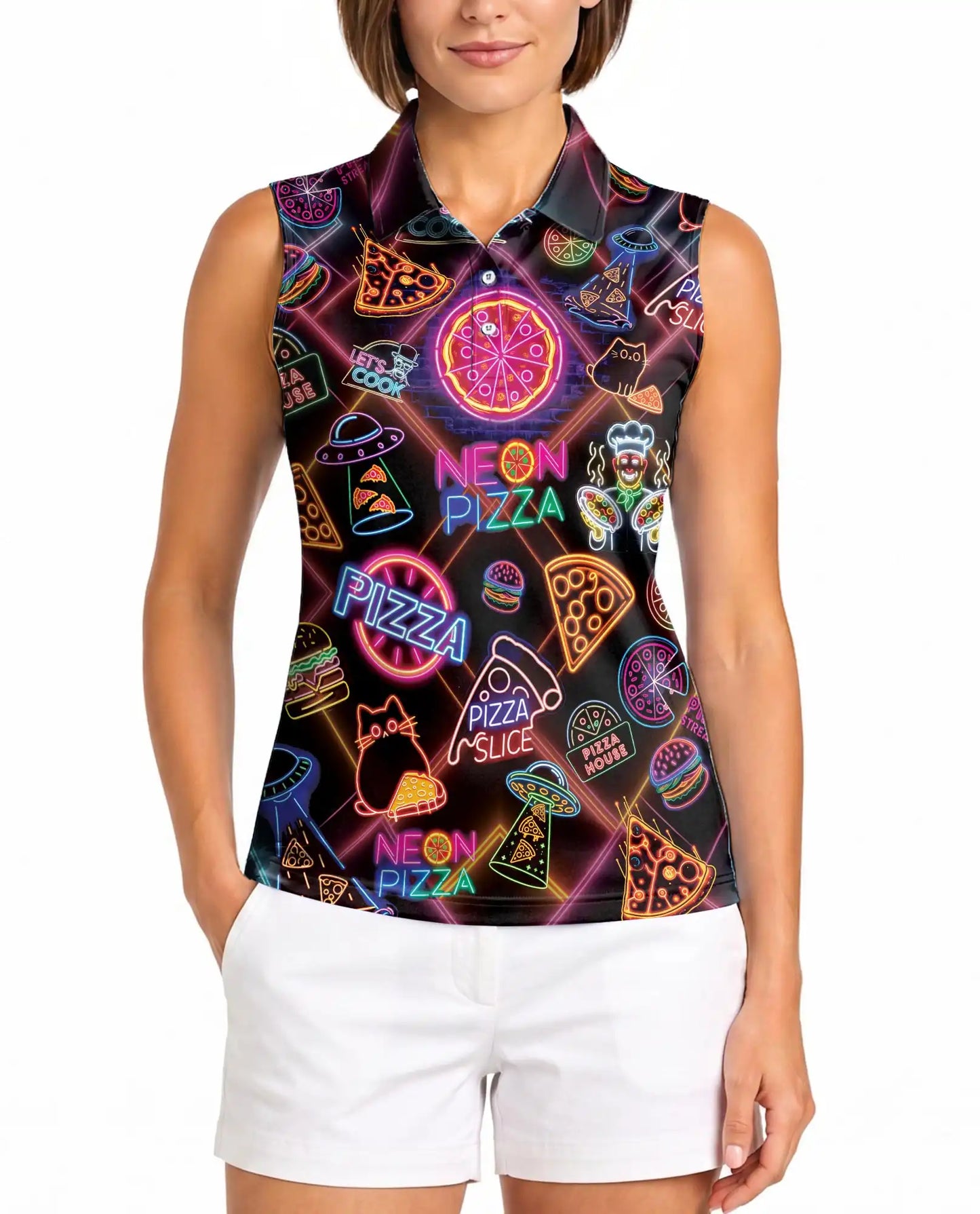 Retro Neon Pizza Sign Pattern Sleeveless Polo Shirt for Women | Netecom