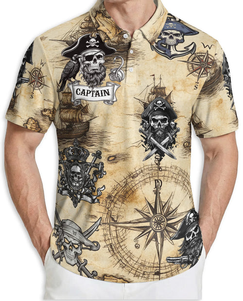 Pirate Captain 3D Polo Shirt for Men – Skull Compass Nautical Style | Netecom