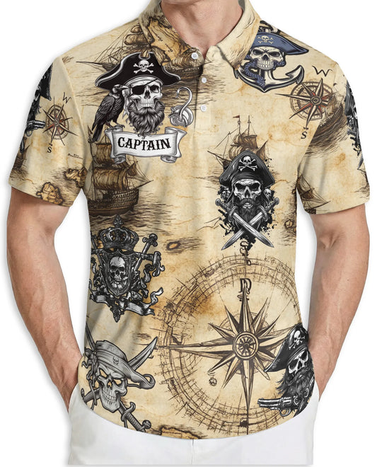 Pirate Captain 3D Polo Shirt for Men – Skull Compass Nautical Style | Netecom