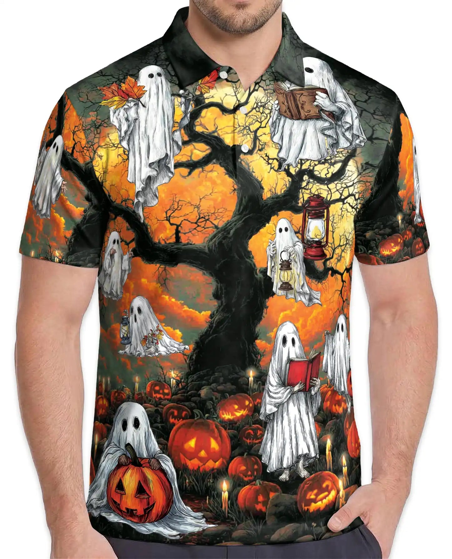 Halloween Ghost Polo Shirt – Spooky Pumpkin Patch Print | Netecom