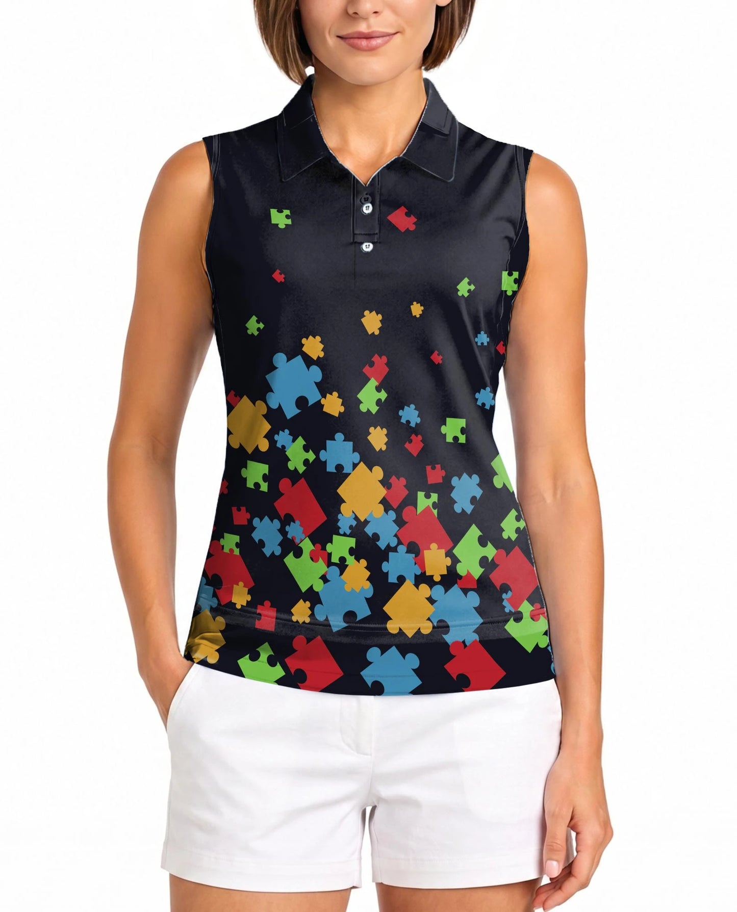 Colorful Autism Awareness Sleeveless Polo Shirt for Women – Support Style | Netecom