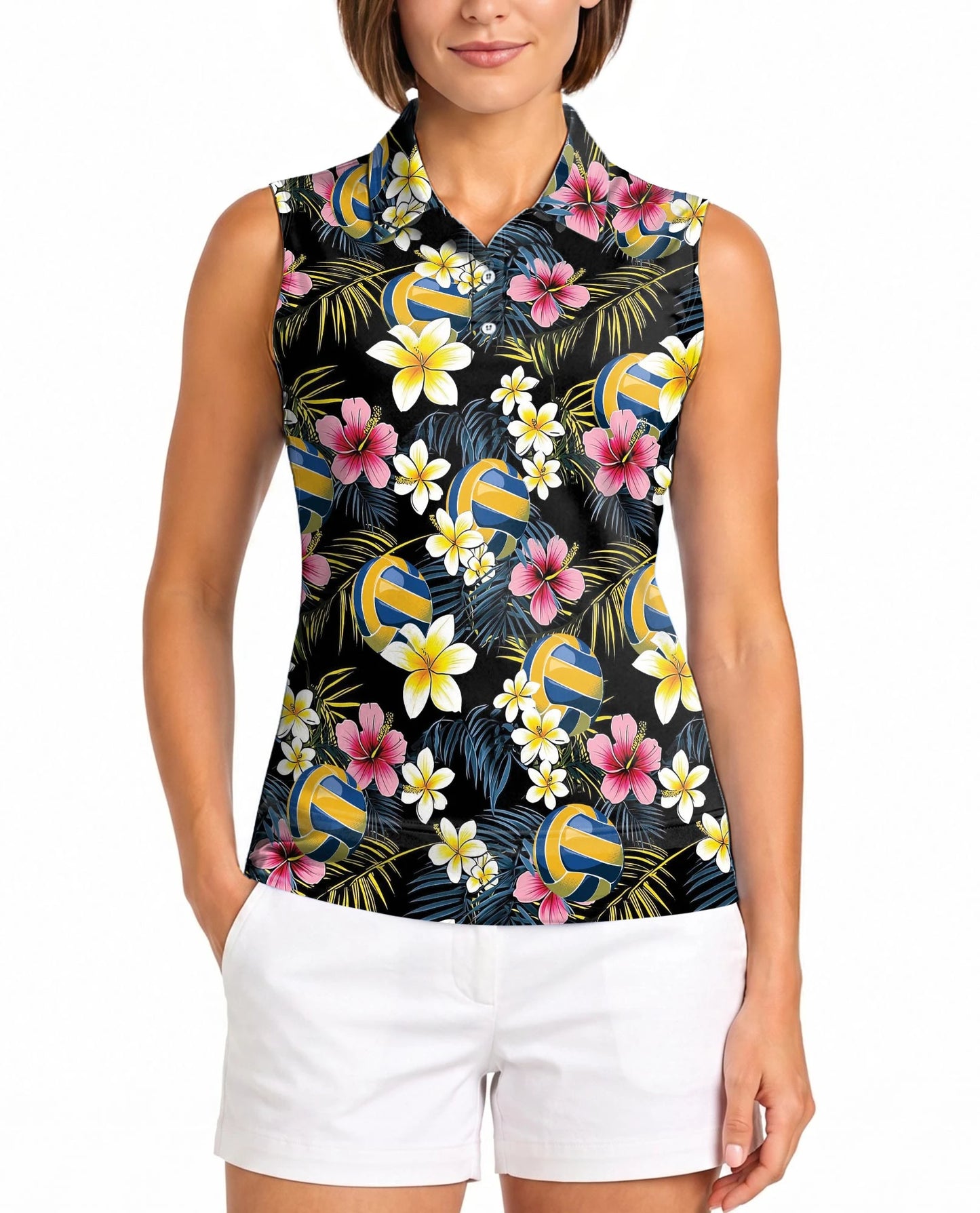 Volleyball Flower Sleeveless Polo Shirt for Women | Netecom