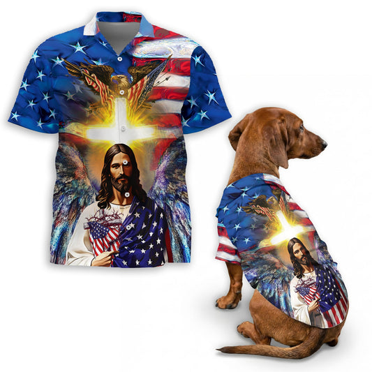 Netecom Matching America and Jesus Bless Hawaiian Shirt for Dog and Owner, Aloha Summer Shirt, Patriotic Faith Print Outfit for Pet and Human, Beach Vacation Casual Wear