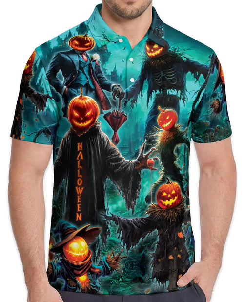 Pumpkin Scarecrow Halloween Polo Shirt - Spooky Horror Harvest Style | Netecom