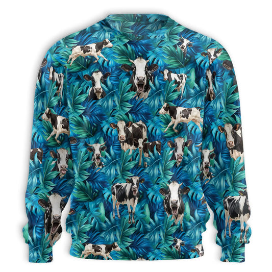 Tropical Cow Pattern Sweatshirt, 3D All Over Print Farm Animal Crewneck Pullover for Men Women, Cow Lover Gift - Netecom