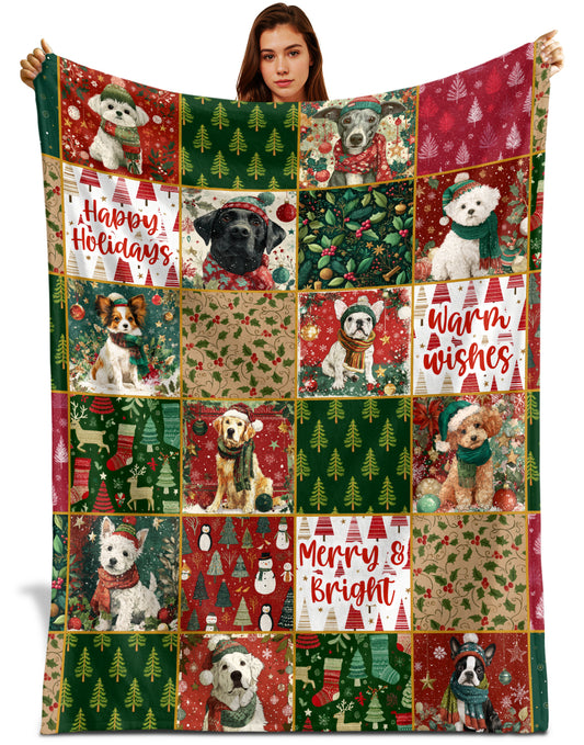 Netecom Vintage Dog Pattern Christmas Blanket, Cute Dog Lover Throw Blanket for Couch, Bed or Sofa, Ultra Soft Warm Gift for Holiday and Christmas