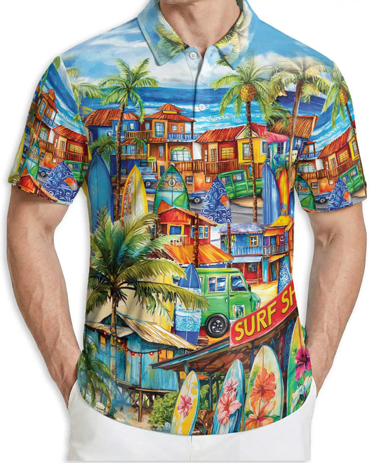 Tropical Surf Town 3D Polo Shirt for Men – Colorful Beach Vacation Style | Netecom