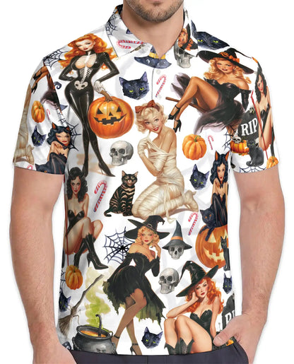 Halloween Pin Up Witch Polo Shirt - Vintage Spooky Retro Style | Netecom