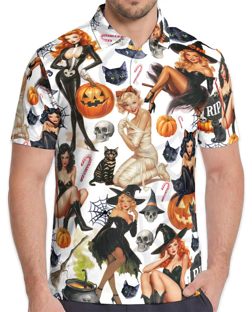 Halloween Pin Up Witch Polo Shirt - Vintage Spooky Retro Style | Netecom