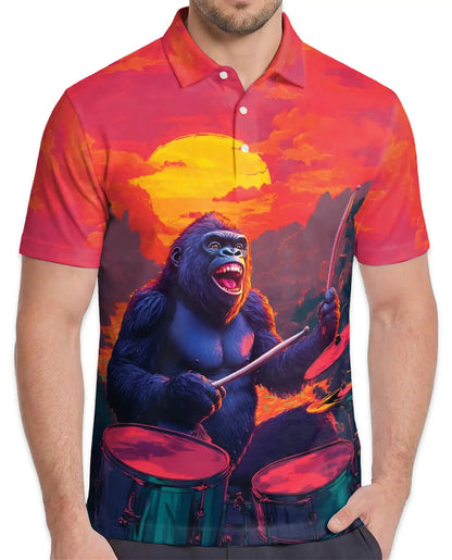 Funny Gorilla Drummer Polo Shirt - Sunset Rock Music Style | Netecom