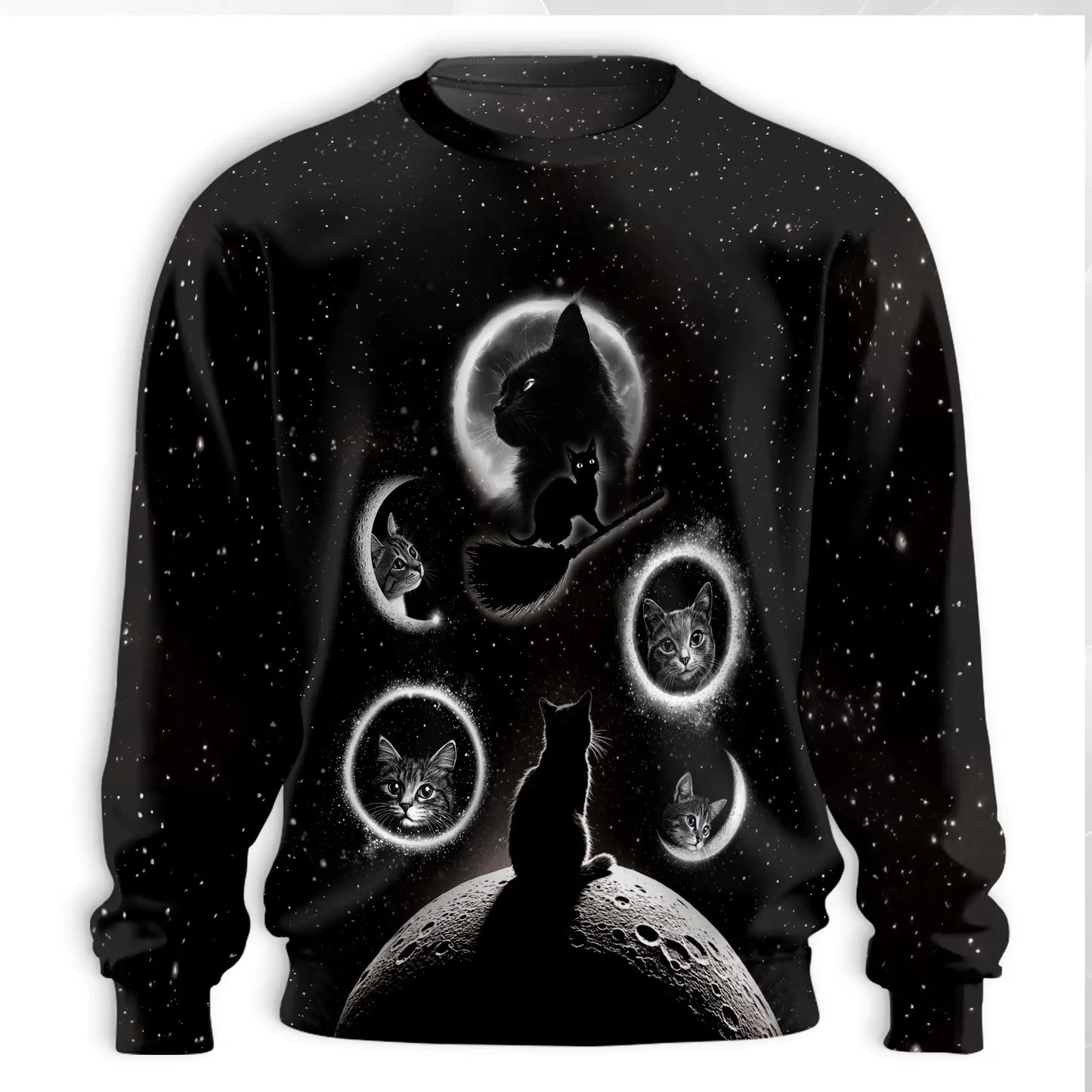 Black Cat Moonlight Sweatshirt, 3D All Over Print Mystical Cat Crewneck Pullover for Men Women, Gothic Cat Lover Gift - Netecom