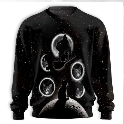 Black Cat Moonlight Sweatshirt, 3D All Over Print Mystical Cat Crewneck Pullover for Men Women, Gothic Cat Lover Gift - Netecom