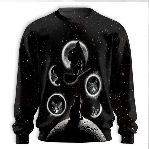 Black Cat Moonlight Sweatshirt, 3D All Over Print Mystical Cat Crewneck Pullover for Men Women, Gothic Cat Lover Gift - Netecom