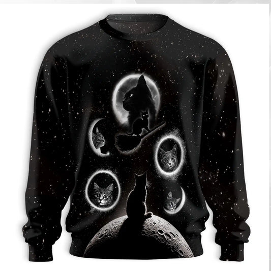 Black Cat Moonlight Sweatshirt, 3D All Over Print Mystical Cat Crewneck Pullover for Men Women, Gothic Cat Lover Gift - Netecom