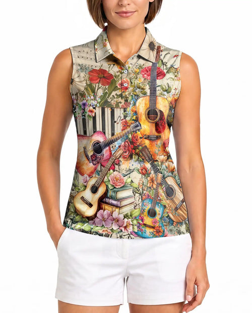 Vintage Flower Ukulele Sleeveless Polo Shirt for Women – Boho Music Style | Netecom