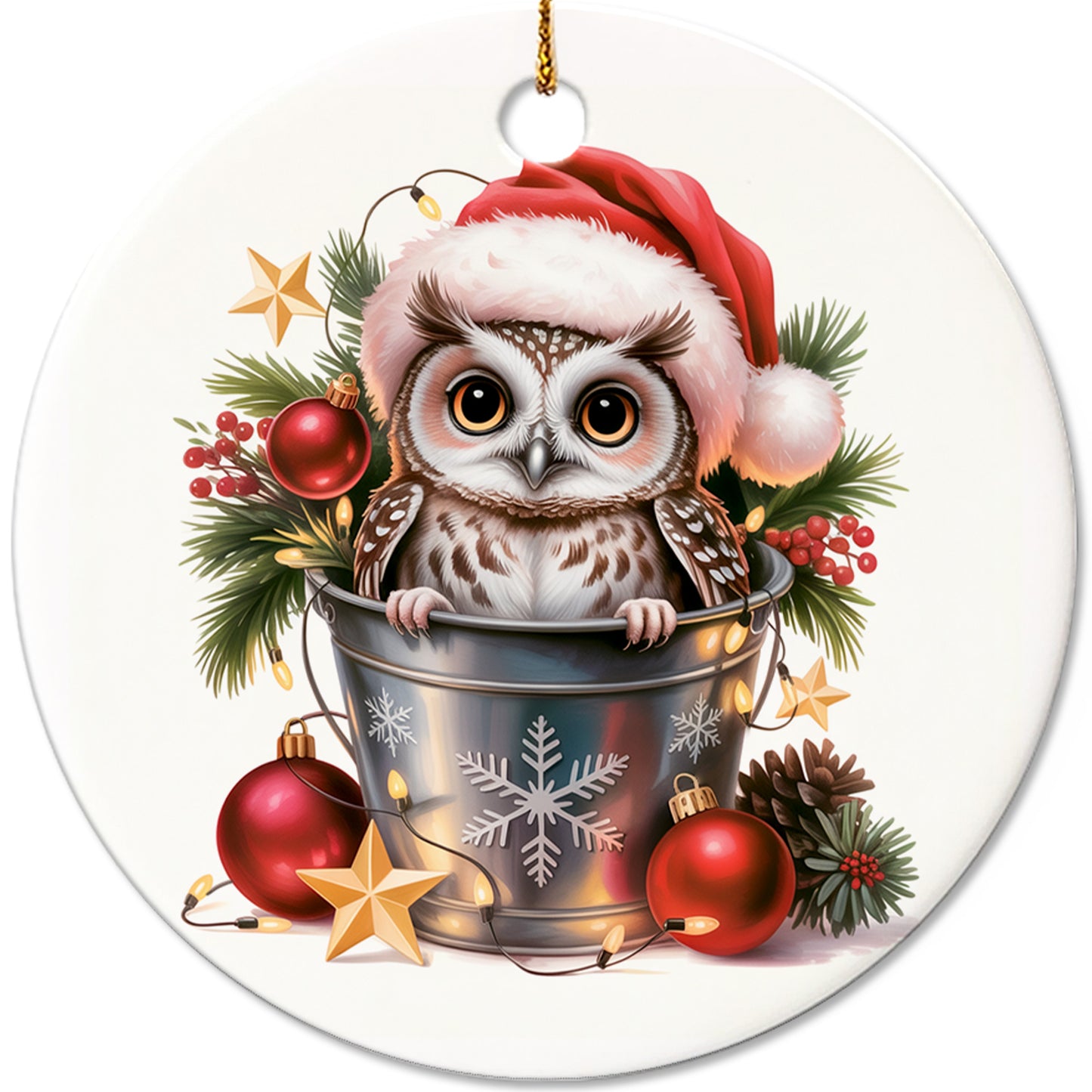 Netecom Cute Owl in Bucket Ornament, Owl with Santa Hat Ceramic Ornament for Christmas Tree Hanging Decorations Gift, Bird Gifts for Men Women, Holiday Party Present