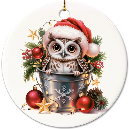 Netecom Cute Owl in Bucket Ornament, Owl with Santa Hat Ceramic Ornament for Christmas Tree Hanging Decorations Gift, Bird Gifts for Men Women, Holiday Party Present