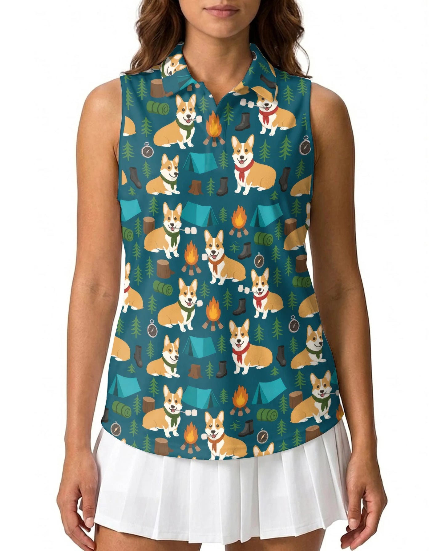 Corgi Camping Sleeveless Polo Shirt for Women – Cute Outdoor Dog Style | Netecom