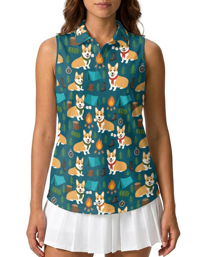 Corgi Camping Sleeveless Polo Shirt for Women – Cute Outdoor Dog Style | Netecom
