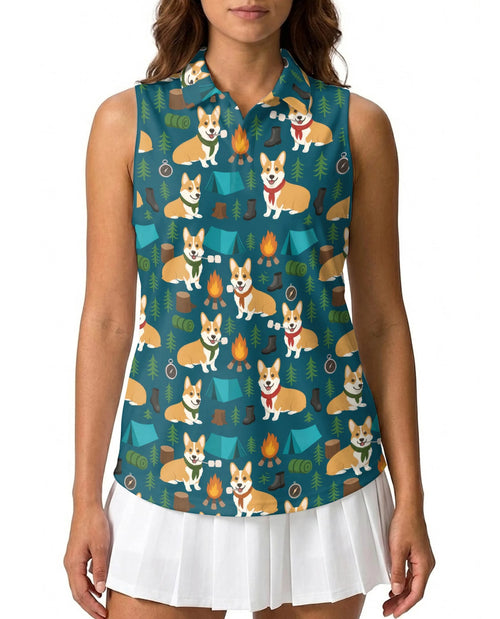 Corgi Camping Sleeveless Polo Shirt for Women – Cute Outdoor Dog Style | Netecom