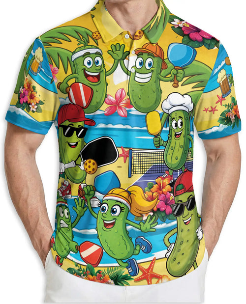 Funny Pickle Beach Pickleball Polo Shirt for Men-Cartoon Pickle Tropical | Netecom