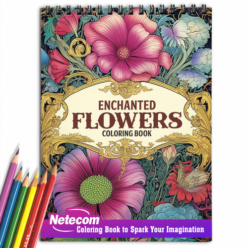 Netecom Enchanted Flowers Spiral Bound Coloring Book, 30 Whimsical Flower Illustrations | Relaxation, Mindfulness, and Fun for All Ages | Perfect Gift for Fantasy and Flower Fans