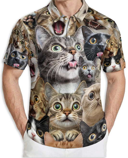 Funny Cat Faces 3D Polo Shirt for Men – Cute Kitty Meme Style | Netecom