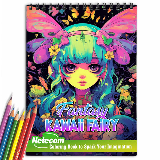 Fantasy Kawaii Fairy Spiral Bound Coloring Book, Embark on a Coloring Journey with 30 Pages, Featuring Adorable Kawaii Fairies in Magical Settings