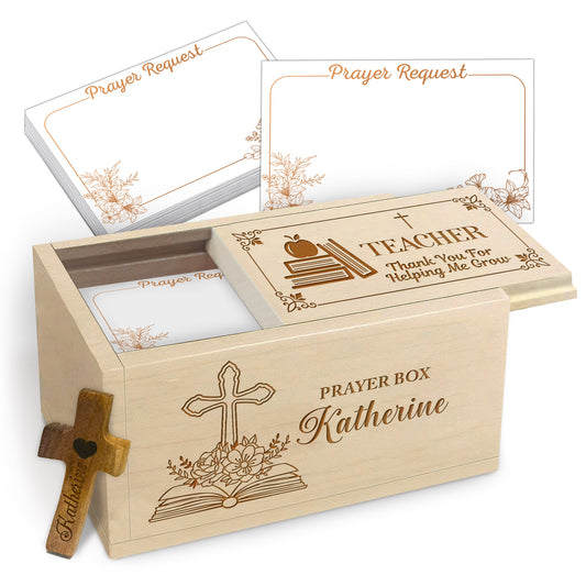 Netecom Personalized Teacher Prayer Box with Custom Name on Box & Cross, Christian Appreciation Gift with 100 Prayer Request Cards, Faith Gift for Teachers