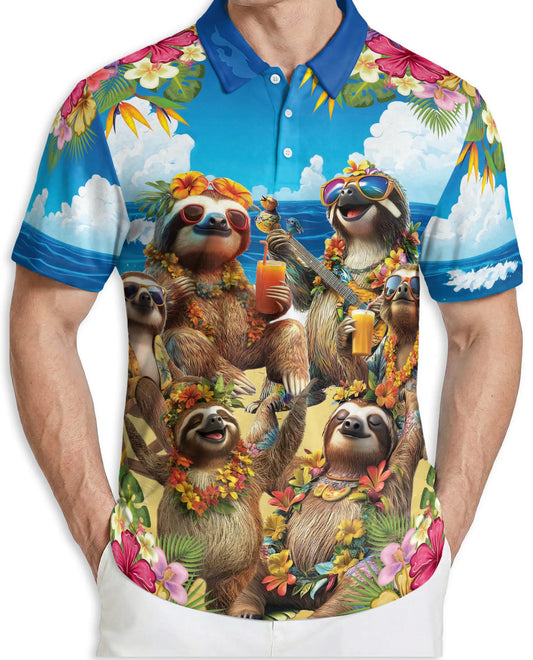 Sloth Beach Party 3D Polo Shirt for Men – Funny Tropical Animal Style | Netecom