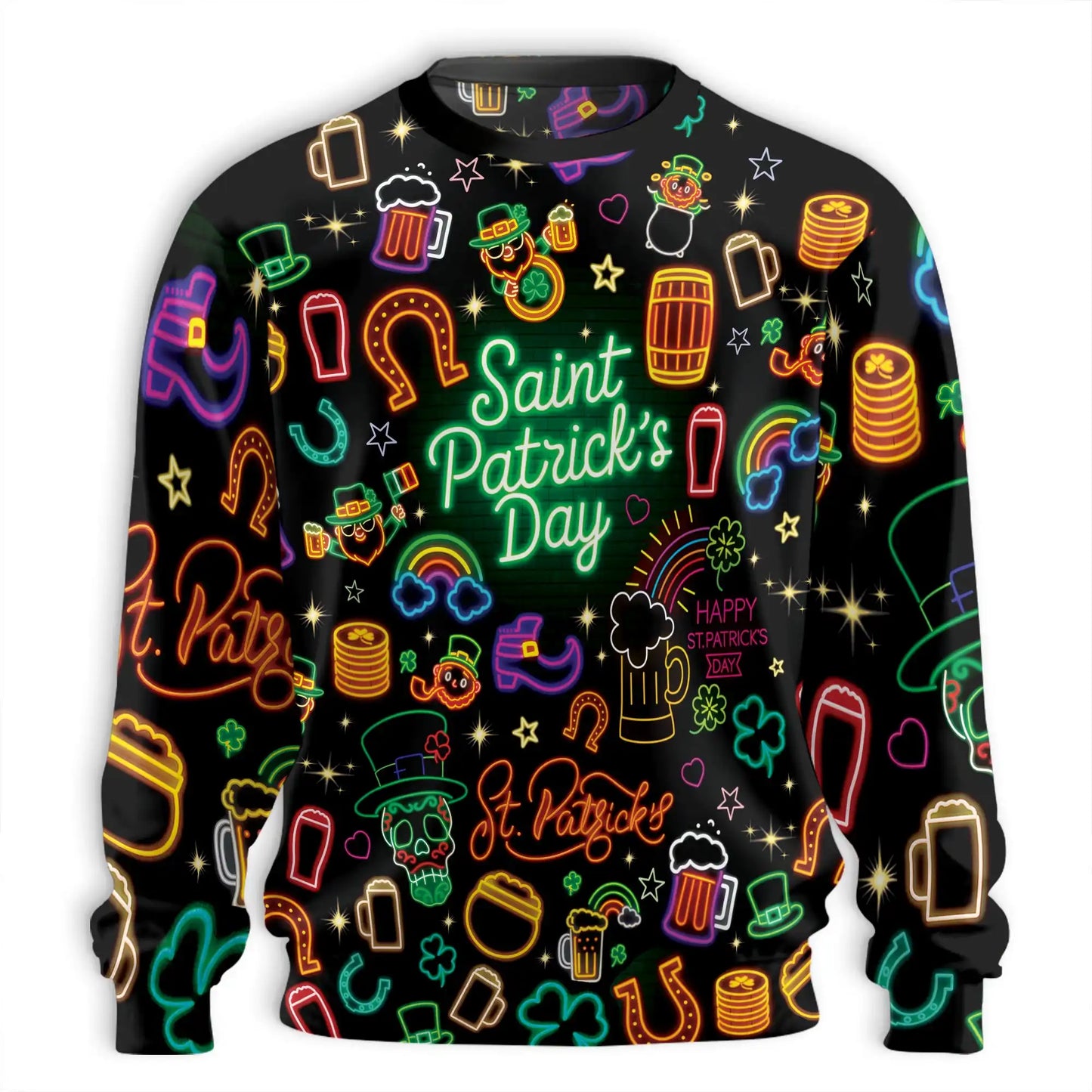 Neon St Patrick’s Day Sweatshirt, 3D All Over Print Irish Party Crewneck Pullover for Men Women, St Patrick’s Day Gift - Netecom