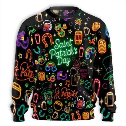 Neon St Patrick’s Day Sweatshirt, 3D All Over Print Irish Party Crewneck Pullover for Men Women, St Patrick’s Day Gift - Netecom