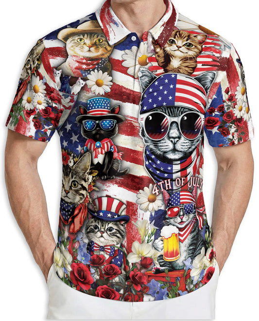 Patriotic Cat 3D Polo Shirt for Men – 4th of July USA Flag Style | Netecom