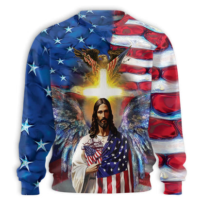 America and Jesus Bless Sweatshirt, 3D All Over Print Patriotic Faith Crewneck Pullover for Men Women, Christian American Gift - Netecom