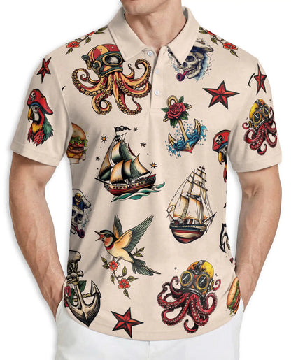 Nautical Tattoo Polo Shirt – Pirate & Octopus Print | Netecom