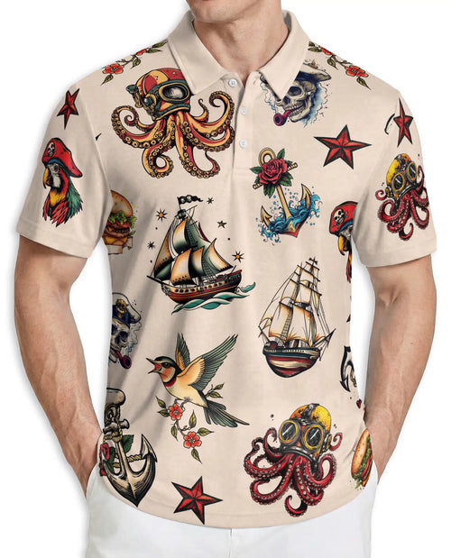 Nautical Tattoo Polo Shirt – Pirate & Octopus Print | Netecom