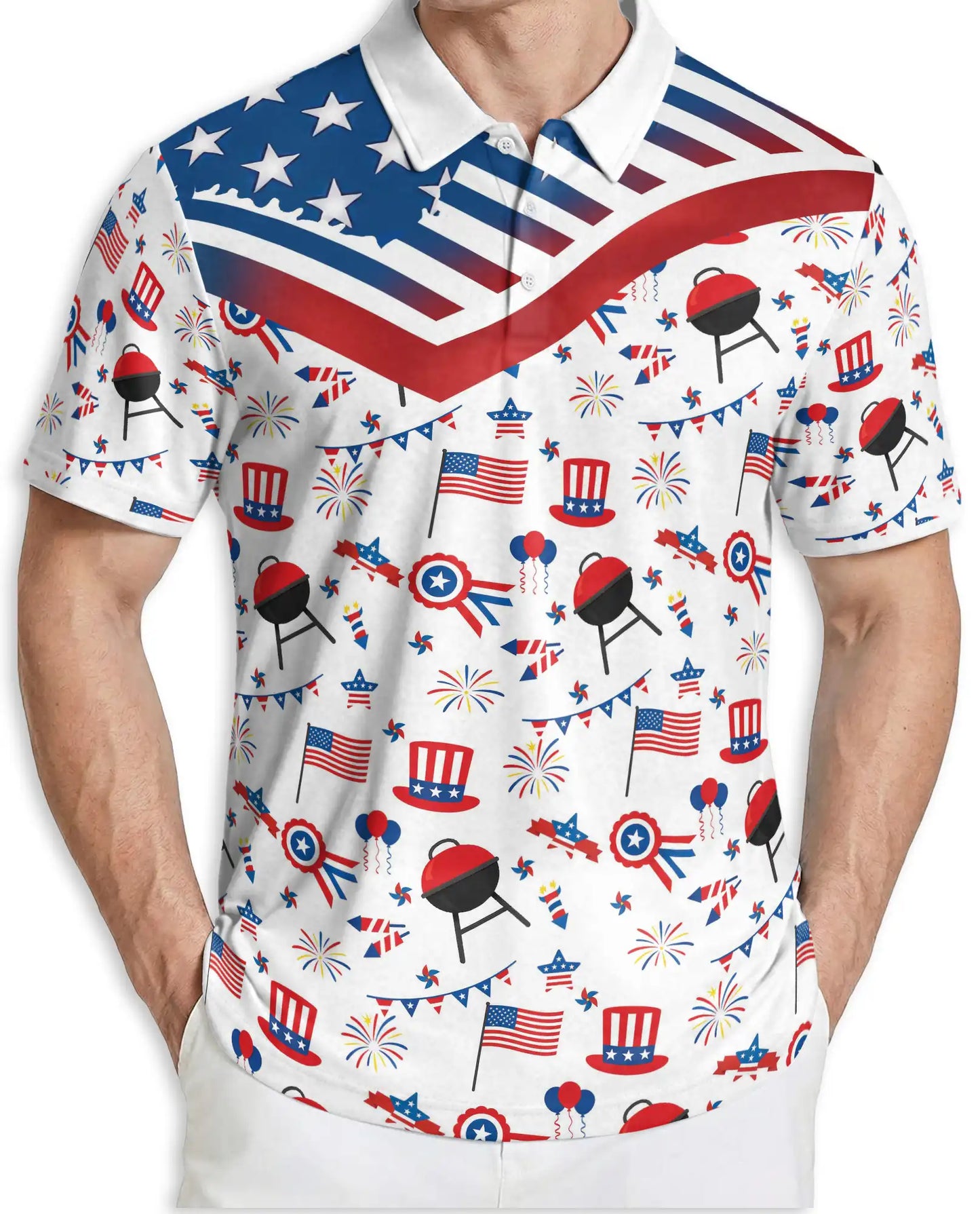 4th of July BBQ Hawaiian Polo Shirt for Men Patriotic American Flag Cookout Party Shirt | Netecom