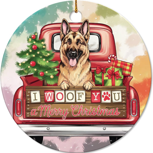 Netecom Funny German Shepherd Dog in Vintage Pickup Truck Ornament, I Woof You Happy Pawlidays Ceramic Ornament for Christmas Tree Hanging Decorations Gift, Puppy Lover Gift, Holiday Decor Present