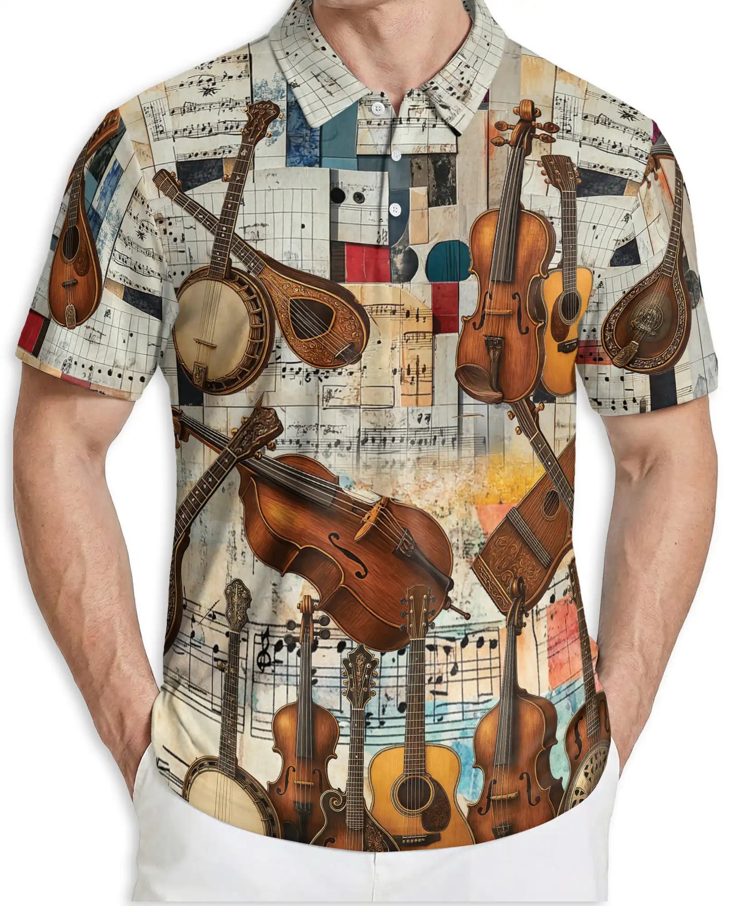 Vintage Music Polo Shirt – Instrument Collage Print | Netecom