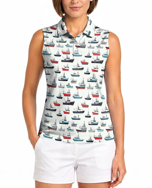 Fishing Boat Sleeveless Polo Shirt for Women | Netecom