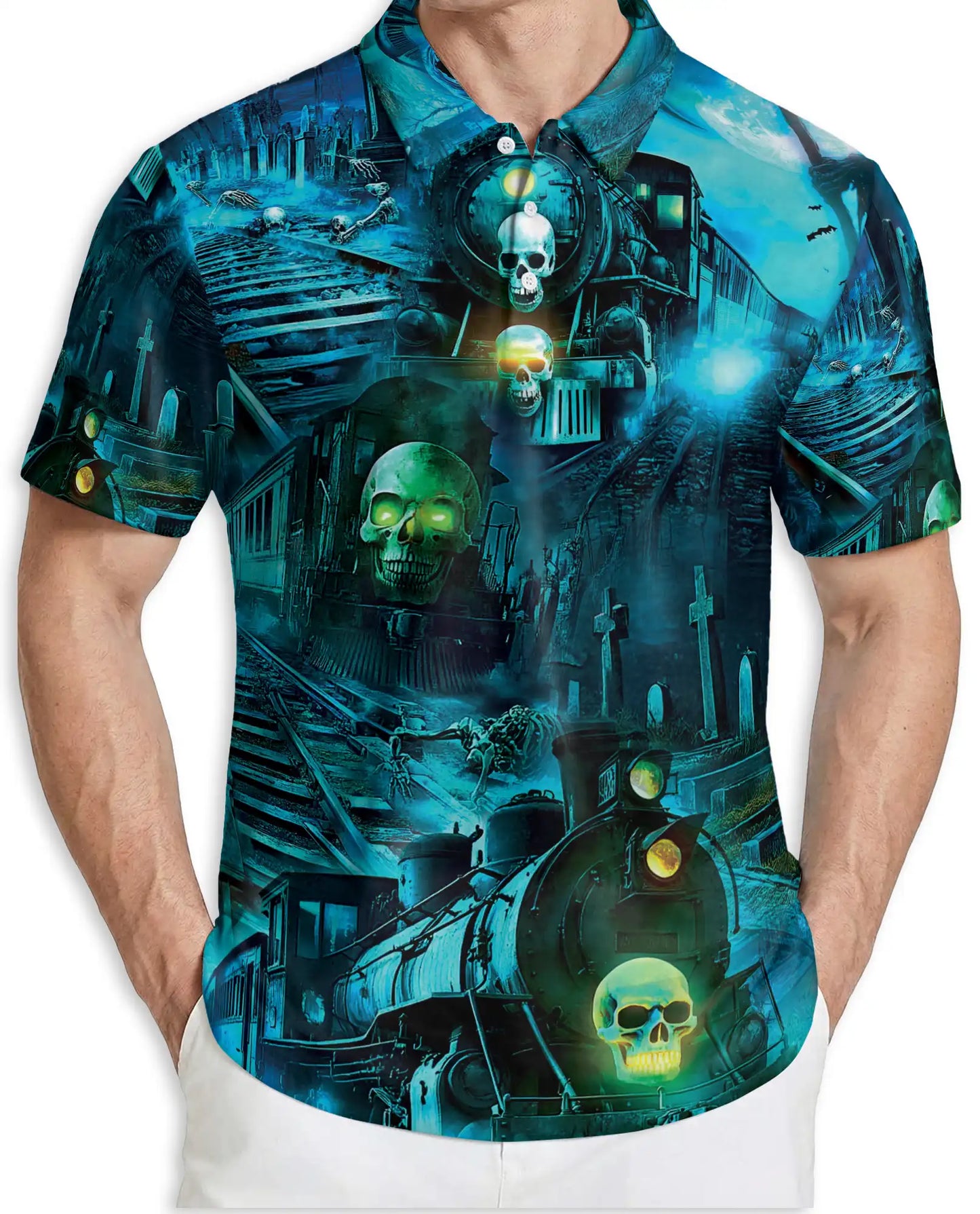 Haunted Ghost Train Skull Hawaiian Polo Shirt for Men-Gothic Horror Shirt | Netecom