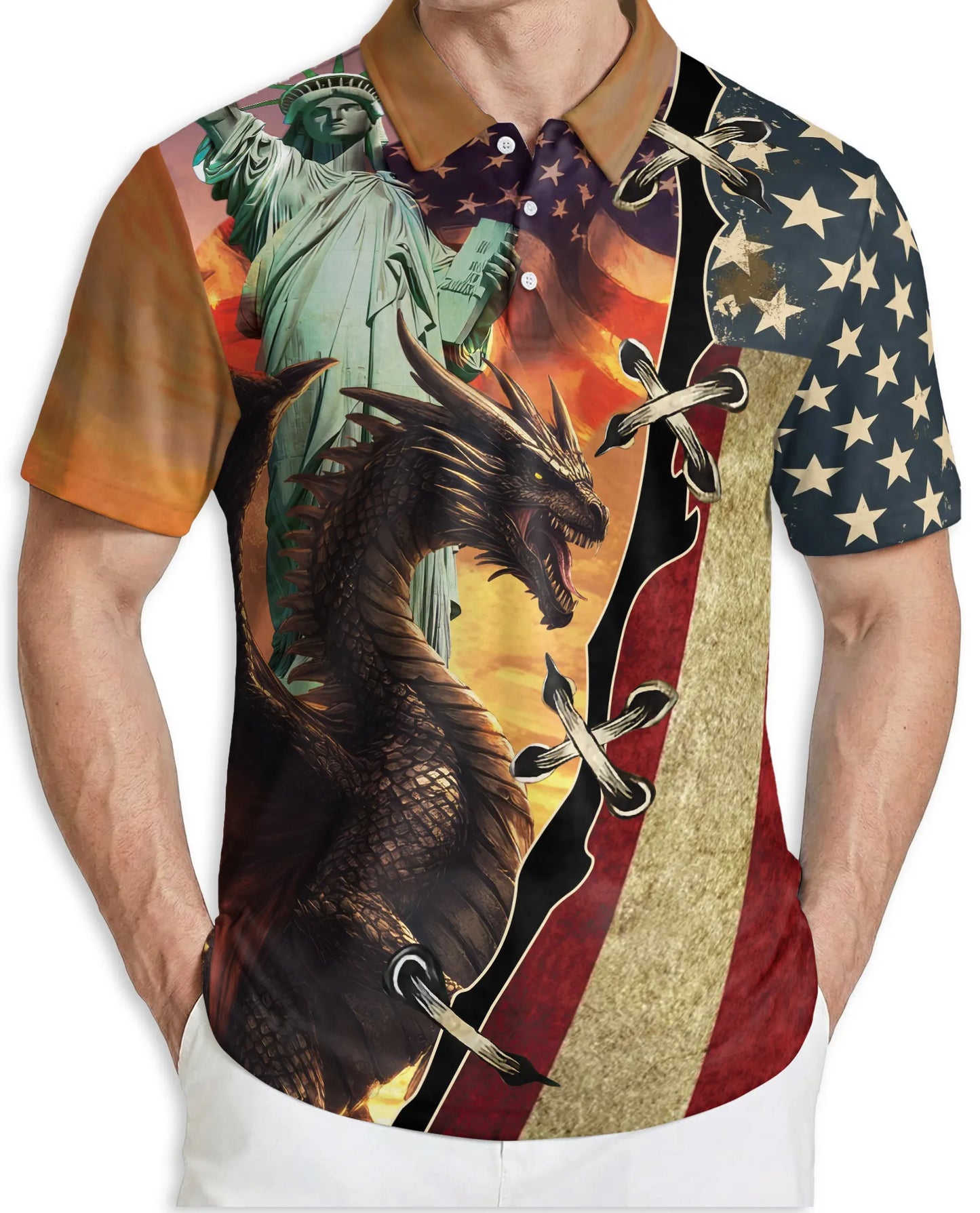 American Dragon 3D Polo Shirt for Men – Patriotic Fantasy Flag Style | Netecom