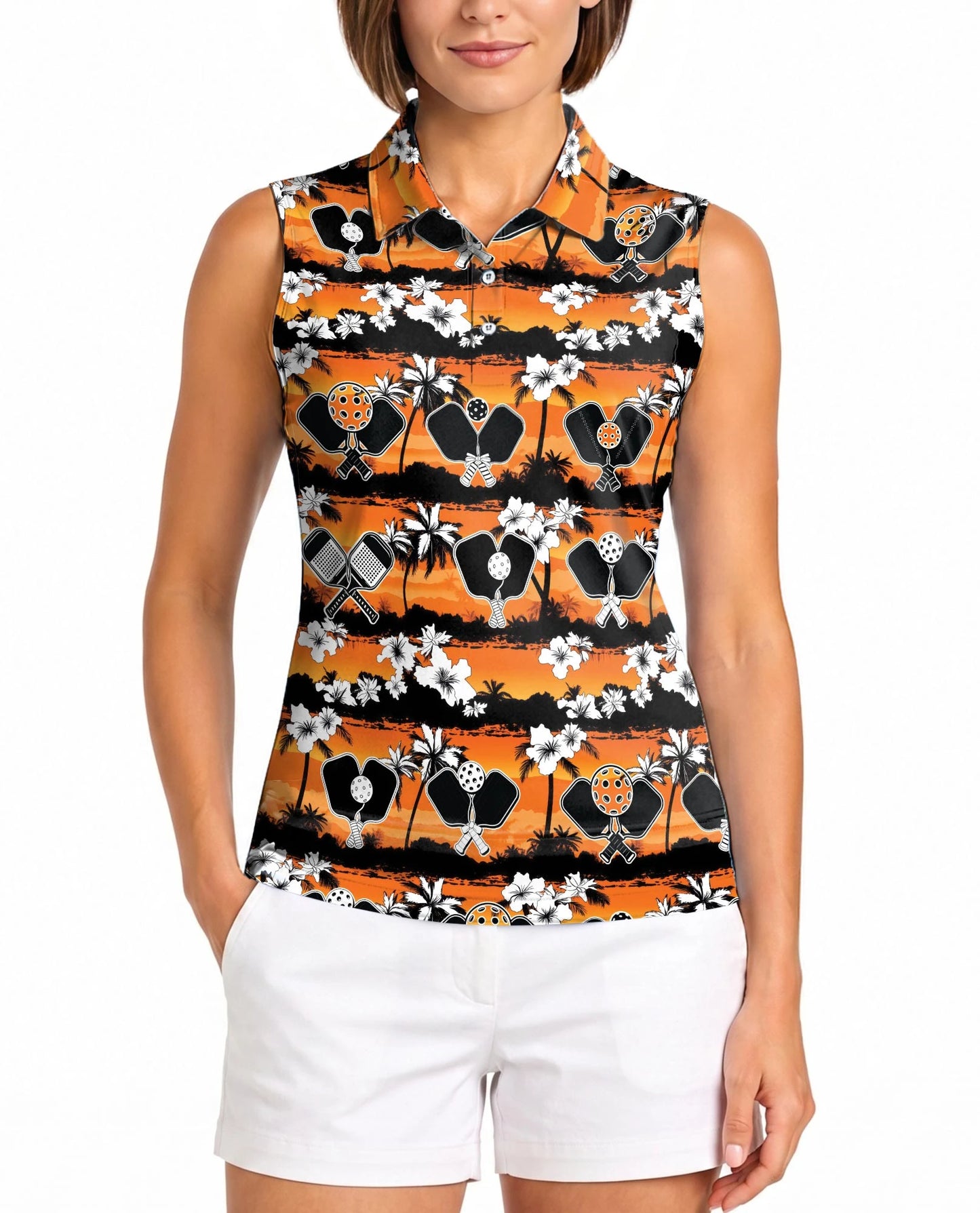Pickleball Tropical Rhombus Pattern Sleeveless Polo Shirt for Women | Netecom