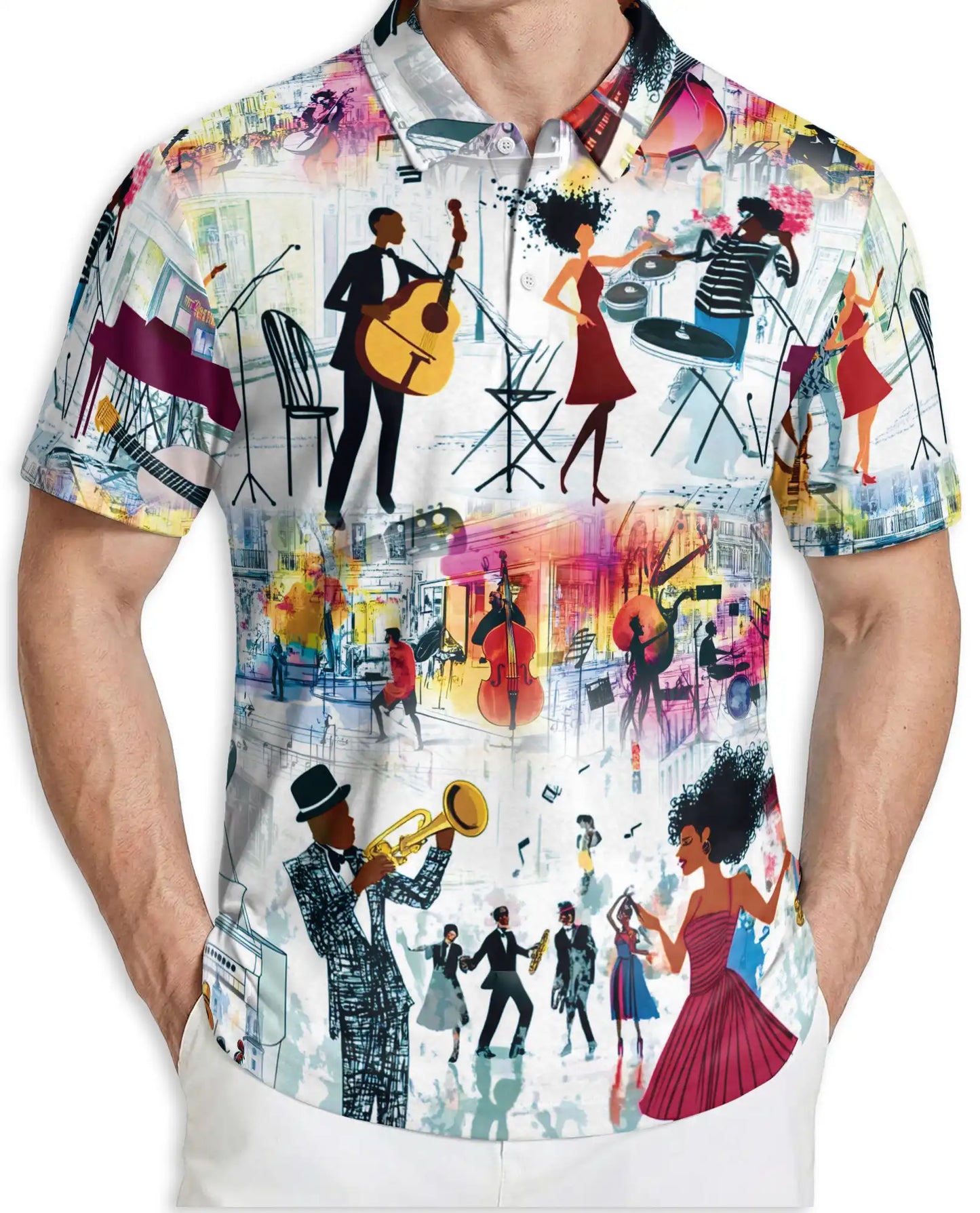 Jazz Music Party 3D Polo Shirt for Men – Colorful Retro Musician Style | Netecom