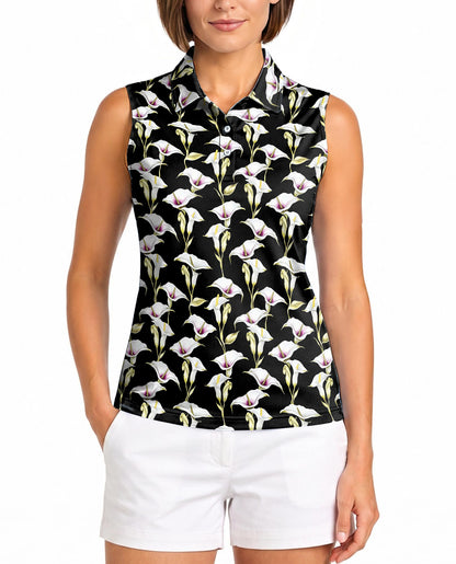 Black Calla Lily Sleeveless Polo Shirt for Women | Netecom