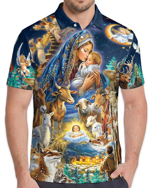 Nativity Scene Christmas Polo Shirt for Men- Christian Faith Holy Night | Netecom