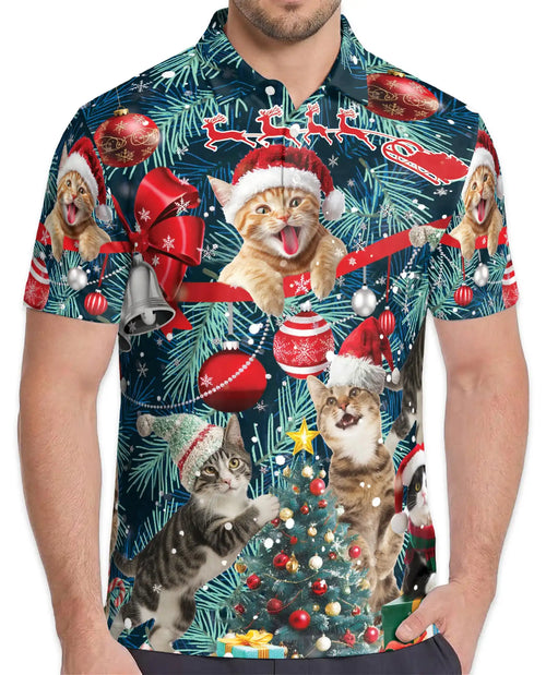 Christmas Cat Polo Shirt - Funny Holiday Kitty Style | Netecom
