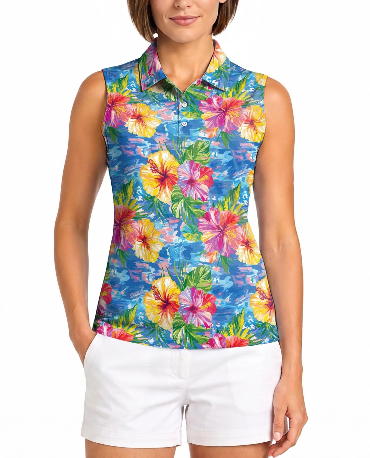 Hibiscus Seas Blue Sleeveless Polo Shirt for Women | Netecom