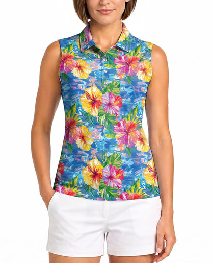Hibiscus Seas Blue Sleeveless Polo Shirt for Women | Netecom