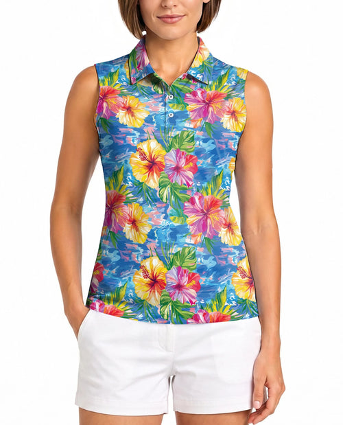 Hibiscus Seas Blue Sleeveless Polo Shirt for Women | Netecom